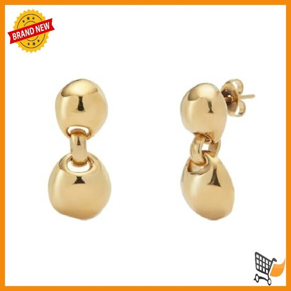 18K Gold-Plated Double Ball Drop Earrings, Post Back, Statement Studs